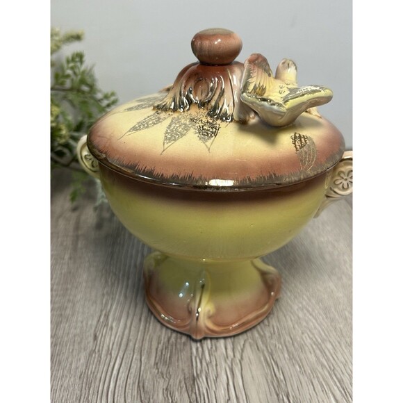 Vintage Betson Hand Painted Porcelain Lidded Box Bird & Flowers Yellow Pink Gold - Picture 4 of 10